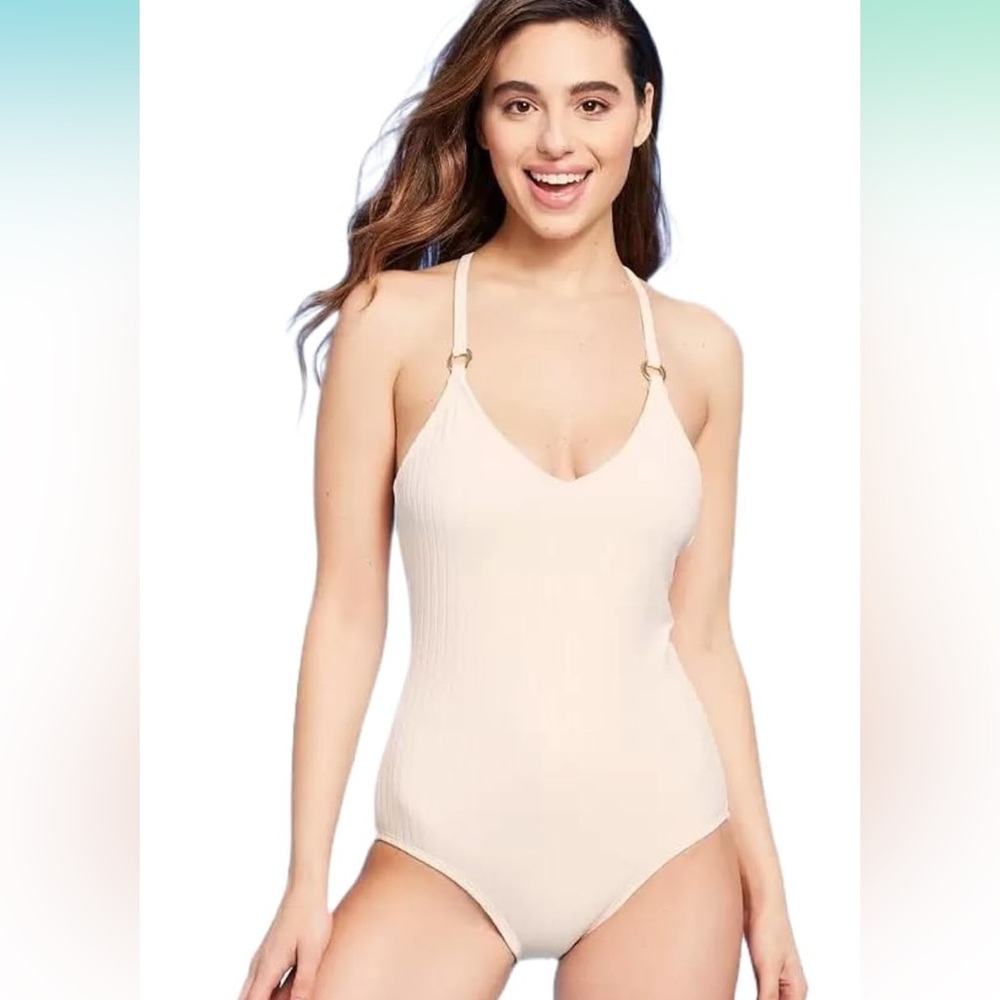 Kona Sol Large Cream Ribbed Stretch One Piece Bathing Suit Padded Gold 12 14 NWT
